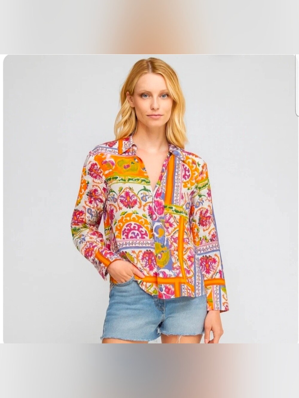 Calypso St. Barth Lightweight Cotton Button Up Blouse In Topical Patchwork Sz L